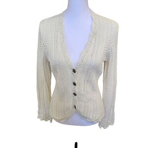 Intuitions‎ Cream Cable Knit Cardigan V-Neck Button Crochet Lace Trim M Flaw
